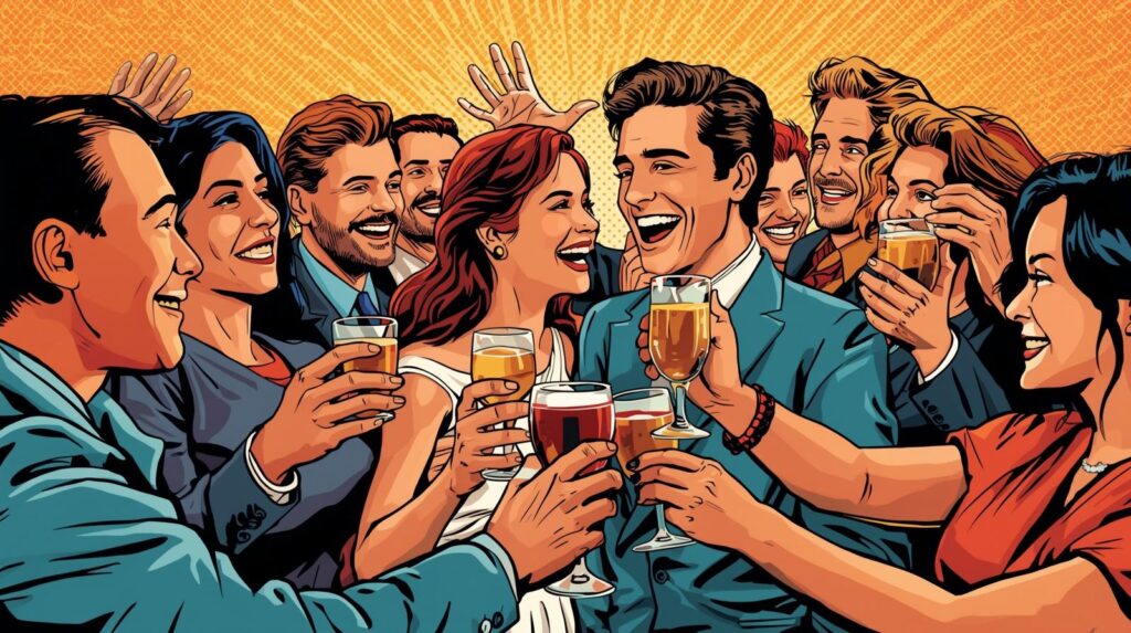 カップル（あなたと彼）を囲んで、友人たちが笑顔で拍手していたり、乾杯しているようなハッピーな写真。