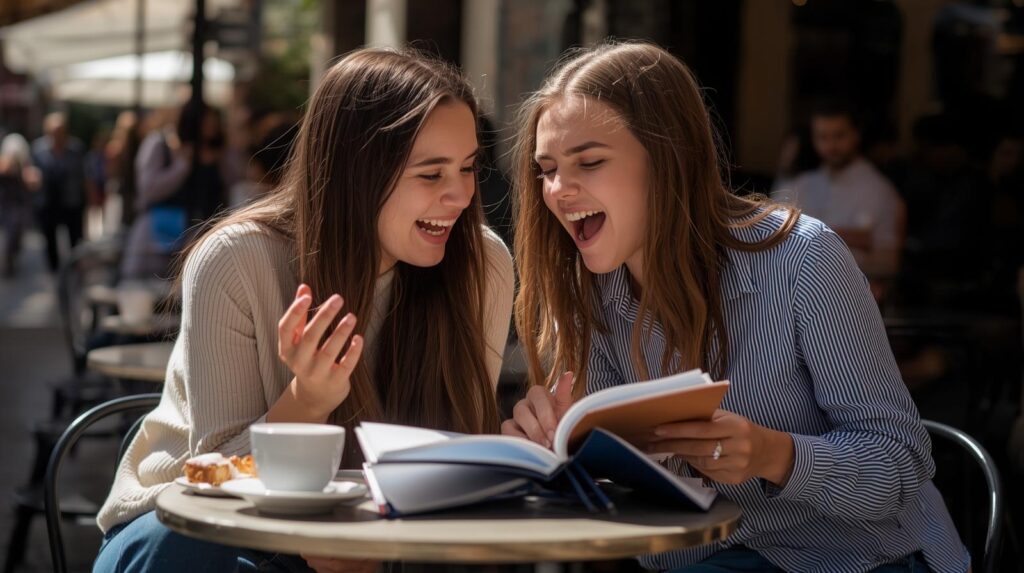 カフェで手帳やノートを見ながら、真剣に（でも楽しそうに）話し合っている友人同士。