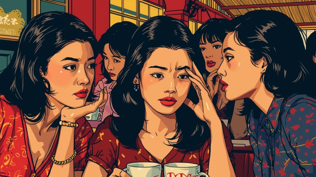 カフェで盛り上がっている女性グループ（少し批判的な表情や、ヒソヒソ話の雰囲気）。