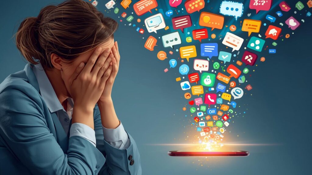 スマホの画面から大量の吹き出し（メッセージ）が溢れ出てきて、女性がうんざりして顔を覆っている