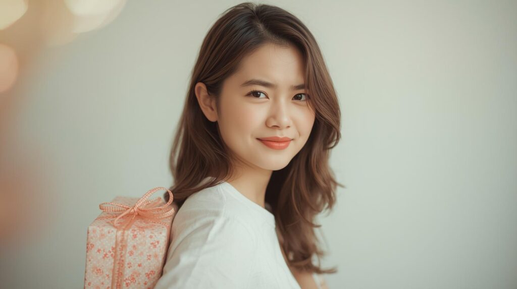 プレゼントボックスを後ろ手に持って、少し恥ずかしそうだけど真っ直ぐこちらを見ている女性。