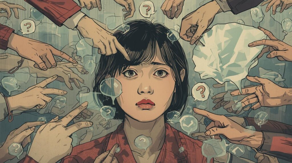 一人の女性が、周りのたくさんの「吹き出し」や「指差す手」に囲まれて困っている様子。