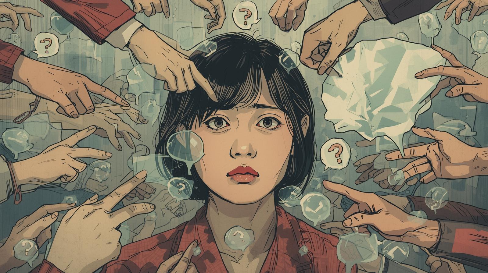 一人の女性が、周りのたくさんの「吹き出し」や「指差す手」に囲まれて困っている様子。