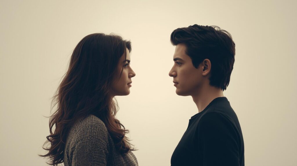 二人の間に少し距離があるけれど、見つめ合っている緊張感のある写真（「これから言うぞ」という空気）。