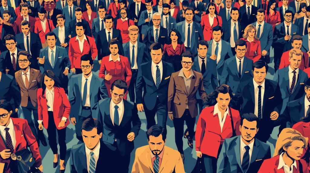 同じ方向を向いて歩く群衆の中で、一人だけ立ち止まっている人。