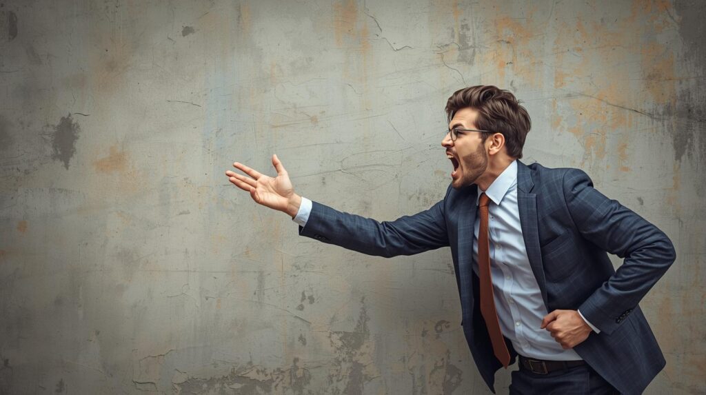 壁に向かって一生懸命話している男性