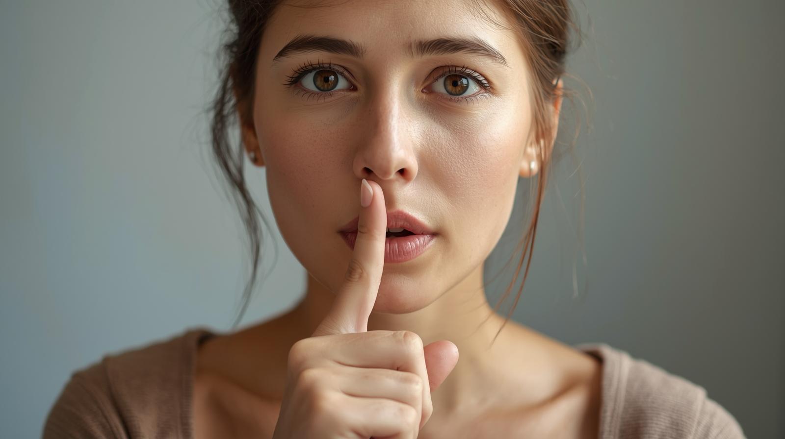 女性が口元に人差し指を当てて「シーッ（内緒）」のポーズをしている写真。