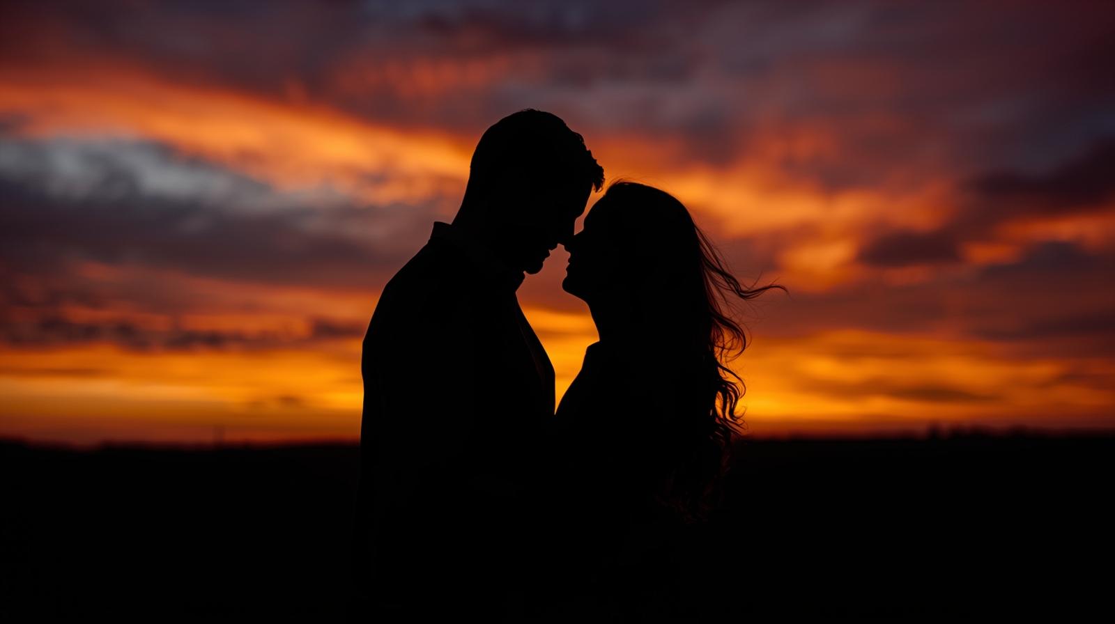 美しい夕焼けのシルエット。男女が向かい合っている、ドラマチックでエモい写真。