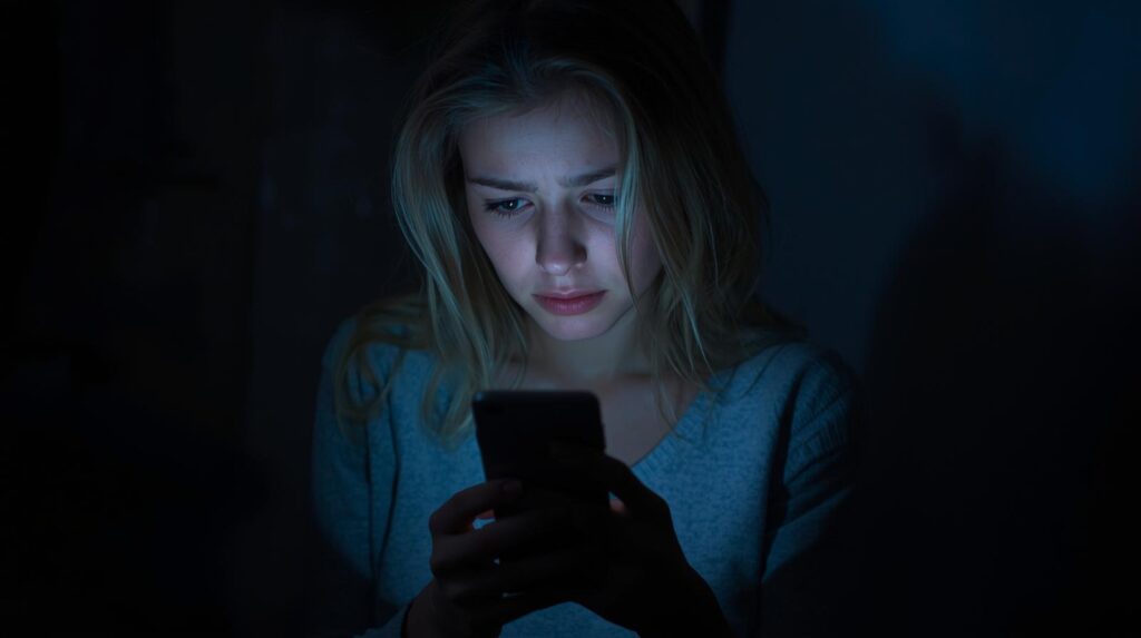 連絡が来なくて不安そうにスマホを握りしめている女性。部屋が少し暗く、ネガティブな想像をしている雰囲気。