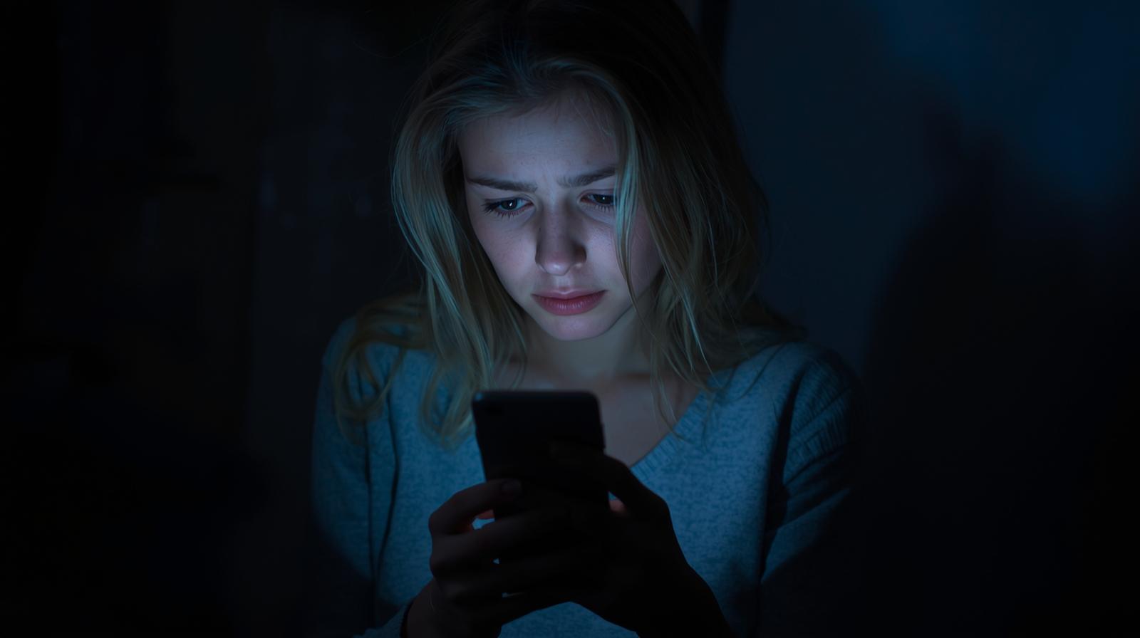 連絡が来なくて不安そうにスマホを握りしめている女性。部屋が少し暗く、ネガティブな想像をしている雰囲気。