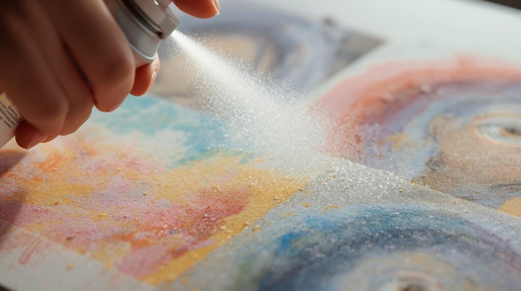 （心理効果の説明に合わせて）パステル画やデッサンにスプレー（定着液）をかけている写真。