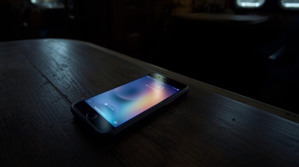 （暗い電車内のテーブルにあるスマートフォン、光る画面、通知メッセージ、映画のような照明、ムードのある雰囲気、クローズアップ）