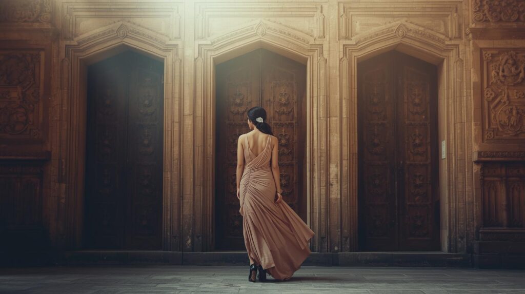 3つの扉の前に立っている女性