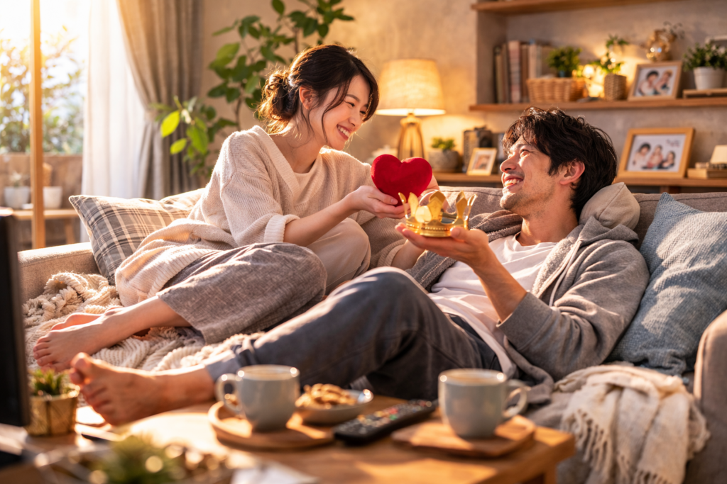 部屋着で一緒にテレビを見ているなど、ロマンチックというよりは「家族としての完全なリラックス・安心感」が出ている夫婦の姿。