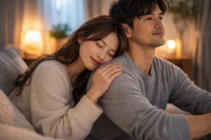大きな男性の背中に、女性がそっと優しく寄り添っている（または手を重ねている）ような、温かくて包容力を感じる写真