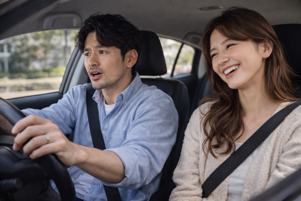 車の運転席で少し焦っている男性と、助手席で笑ってリラックスしている女性。