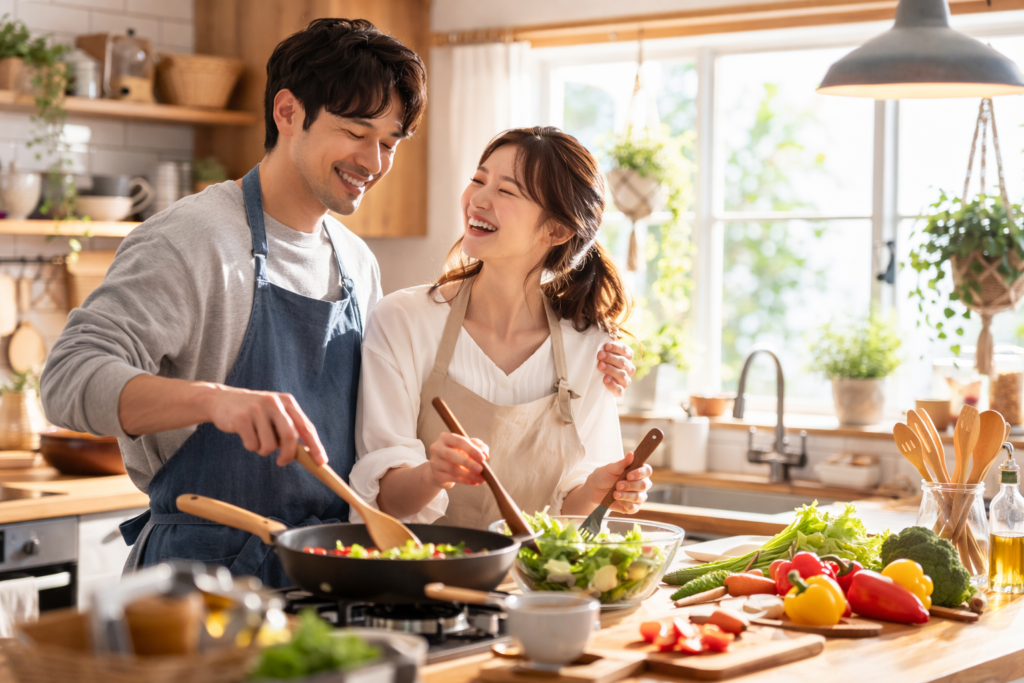 二人で一緒に料理をしている、または笑顔で荷物を半分ずつ持っているような、対等で幸せなカップルの様子。