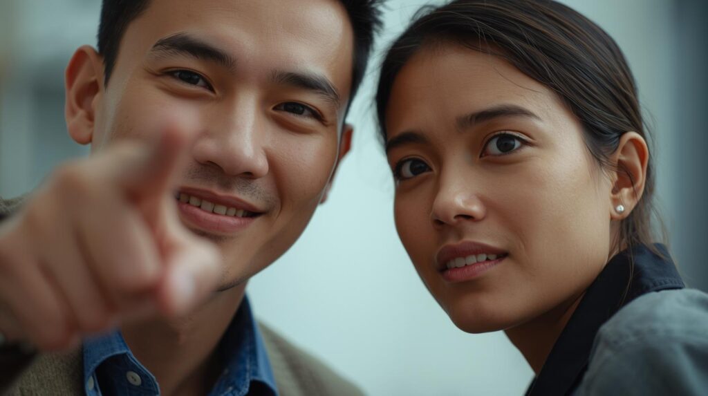 「これをお願い」と指差しているような、具体的なコミュニケーションの様子。