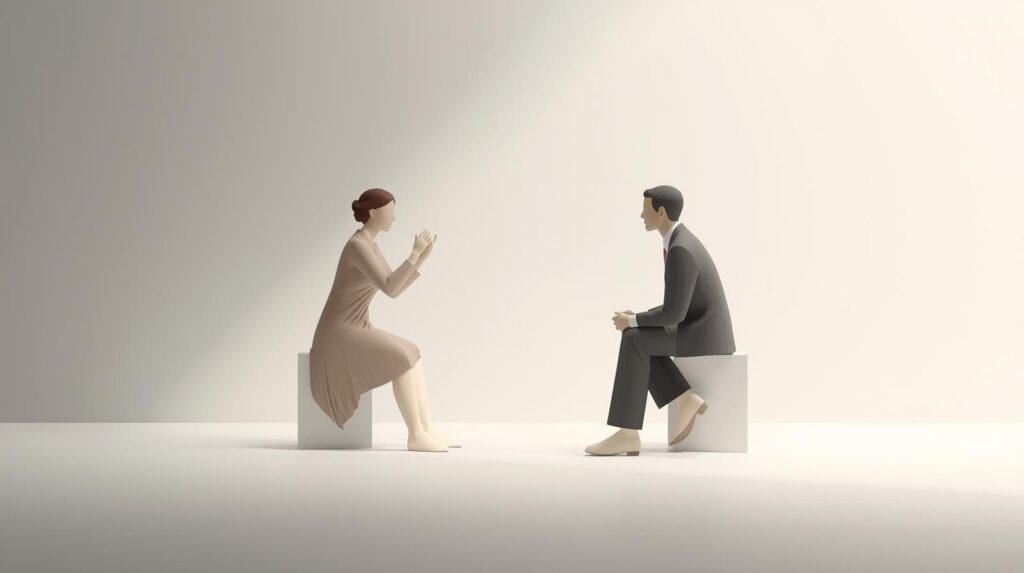 「すれ違い」「相談」のイメージ。