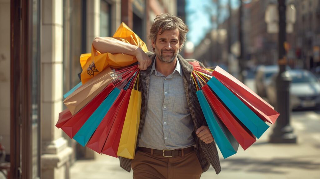 たくさんのショッピングバッグを持って、少し疲れた、あるいは満足げな表情の男性。