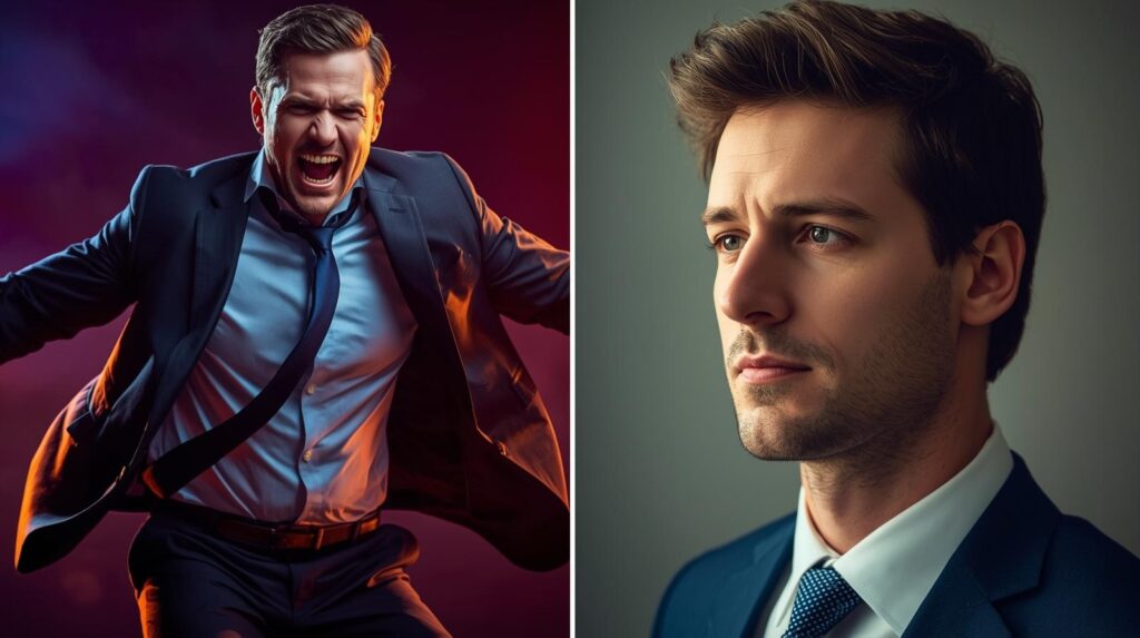 エネルギッシュなビジネスマン（テストステロン）と穏やかな男性の比較。