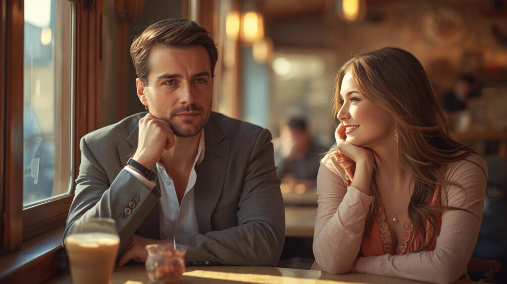 カフェで会話する男女。男性が視線を逸らしている（考え中）