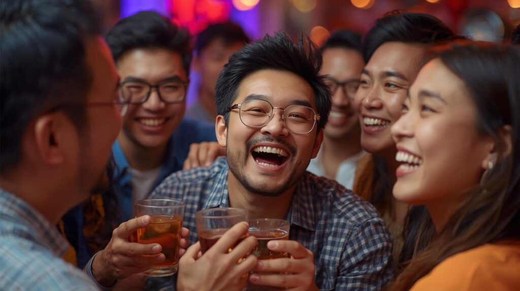 グループで飲み会をしていて、みんなが笑っているシーン。その中で、一人の男性が特定の女性（カメラ目線）を見て笑っている瞬間。