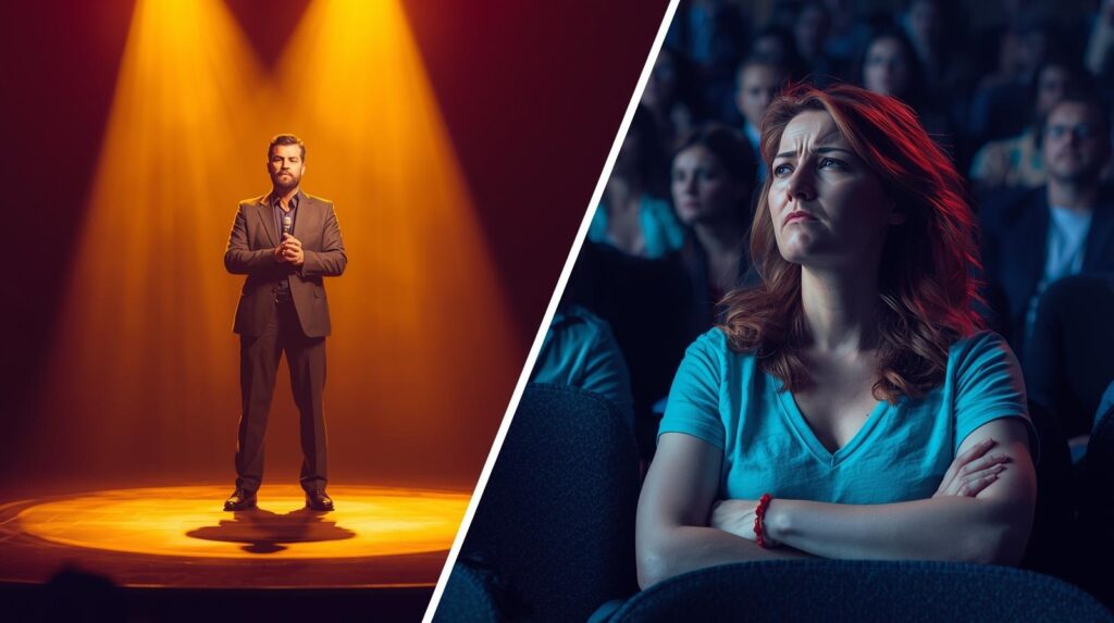 ステージの上でスポットライトを浴びて気持ちよさそうにしている男性と、客席でうんざりしている女性（温度差）。
