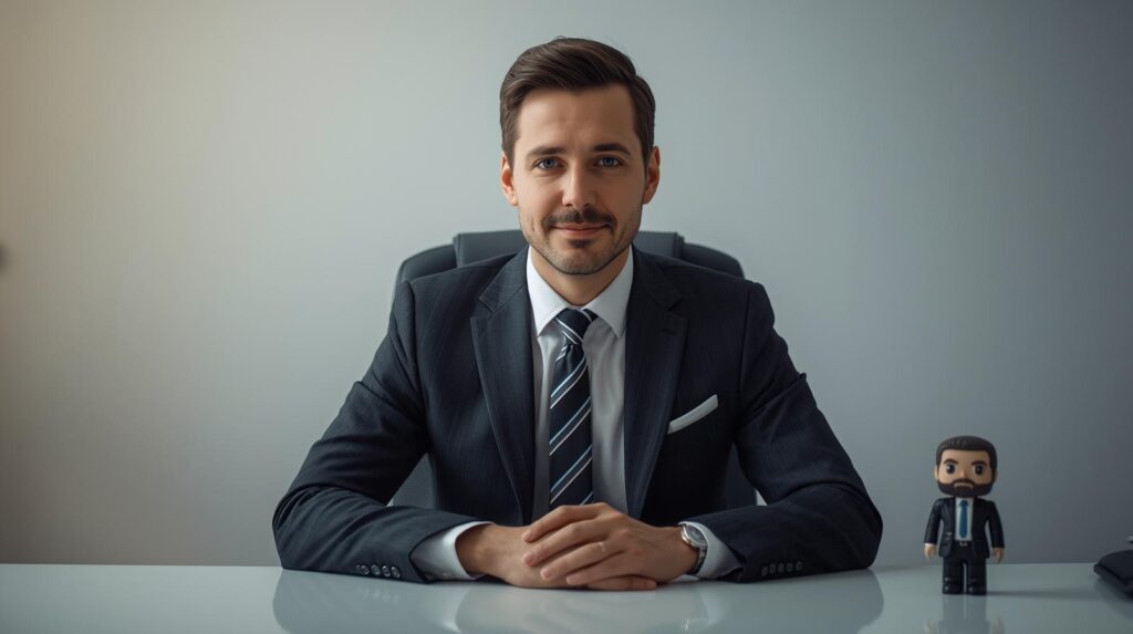 スーツを着たビジネスマンのデスクに、一つだけ可愛いキャラクターのフィギュアやグッズが置いてある、ギャップのある写真。