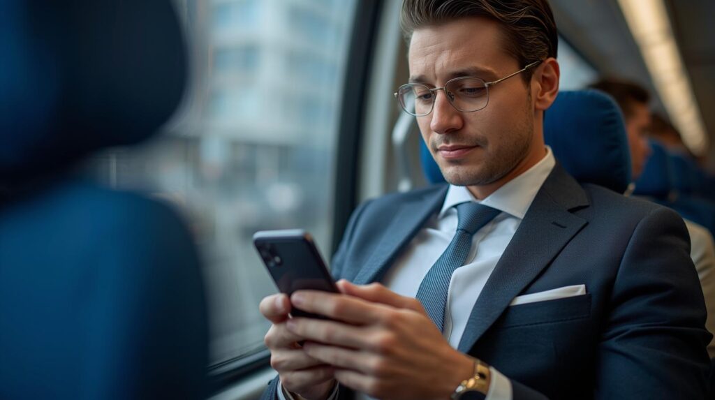 スーツを着た忙しそうなビジネスマンが、移動中や隙間時間にスマホを見て、優しい表情でメッセージを送っているシーン。