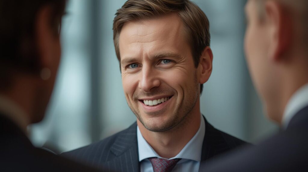 ビジネスシーンや少し気まずいデートで、口角だけ上げて「営業スマイル」をしている男性。