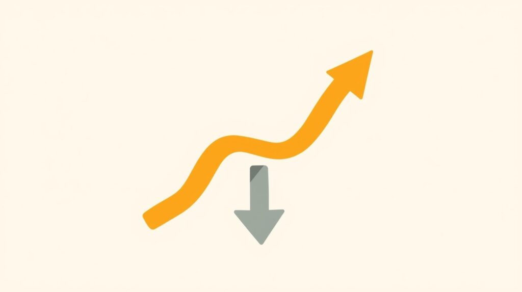 上がっていく矢印（または曲線）と、下がって安定する矢印が交差しているようなインフォグラフィック風の画像
