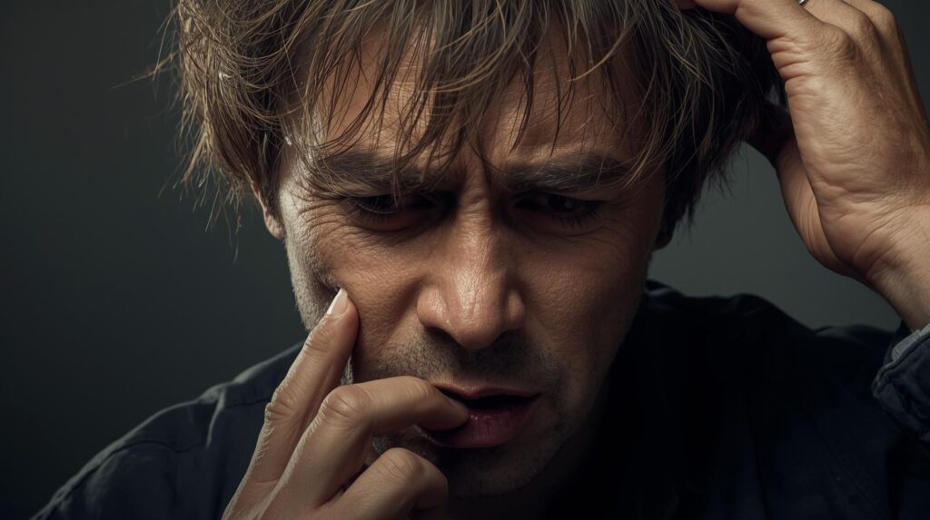 不安そうに口元や髪を触っている男性のポートレート。