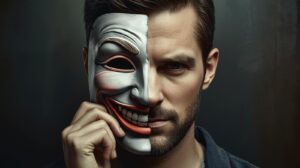 半分は笑っていて、もう半分は真顔（または悲しい顔）の仮面を持っている男性のアート。