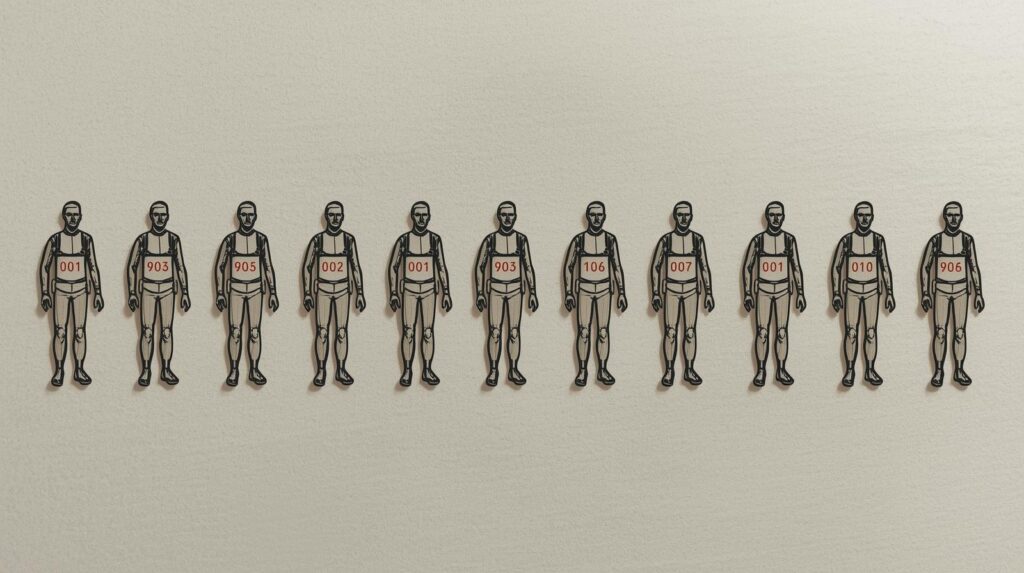 同じシリーズのフィギュアが「001」から順番にきれいに並んでいる様子