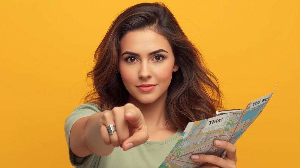 地図やスマホを持って「こっち！」と指差している女性。