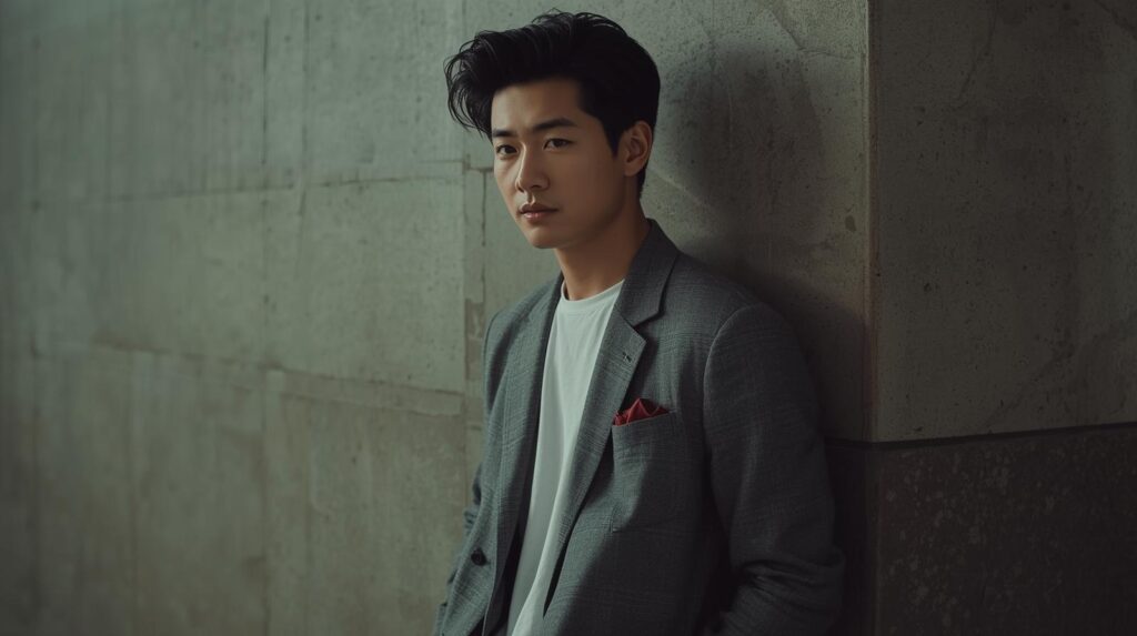 壁にもたれてポケットに手を突っ込んでいる、少しアンニュイな（やる気なさそうな）イケメン。