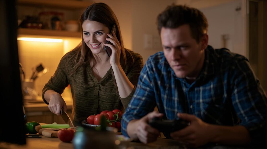 女性が料理しながら電話（マルチタスク）、男性がゲームに没頭（シングルタスク）。