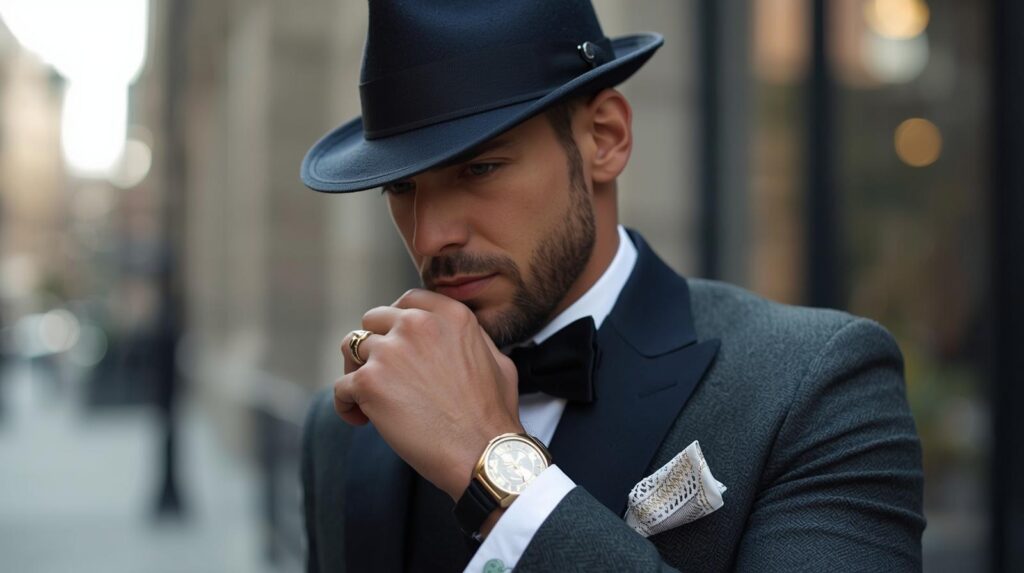 帽子やアクセサリーを身に着けたおしゃれな男性。