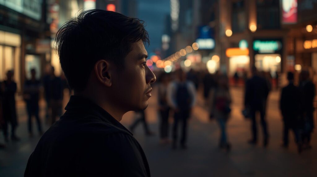 幸せそうなカップルや成功者を、陰から悔しそうな顔（あるいは冷ややかな目）で見ている男性。