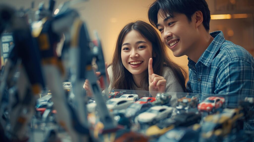 彼のコレクション（例えばガンプラやミニカー）を、女性が隣で「へえ、すごいね」と笑顔で指差して見ている、平和なカップルの写真。