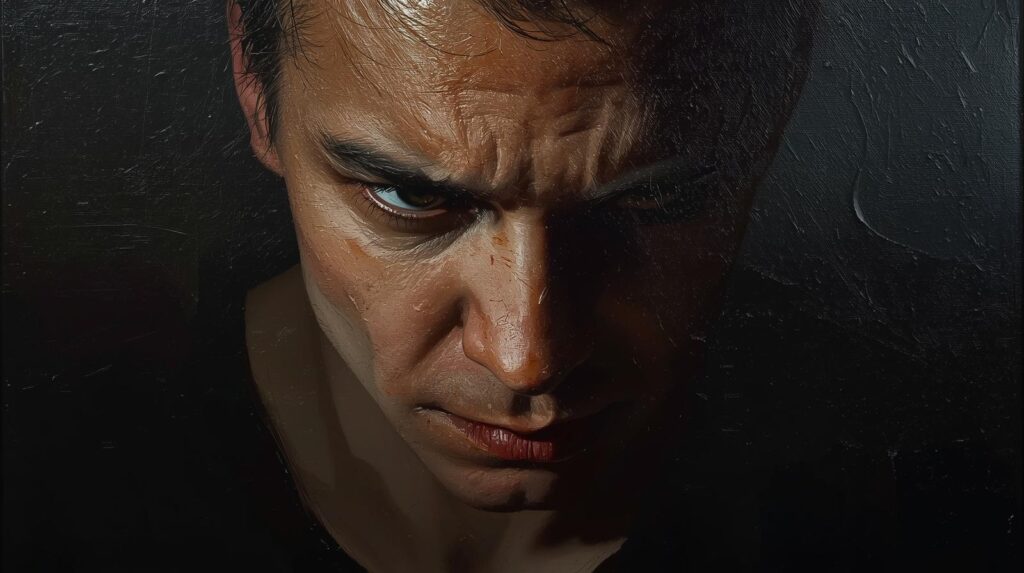 悲しみや怒りを隠している様子。