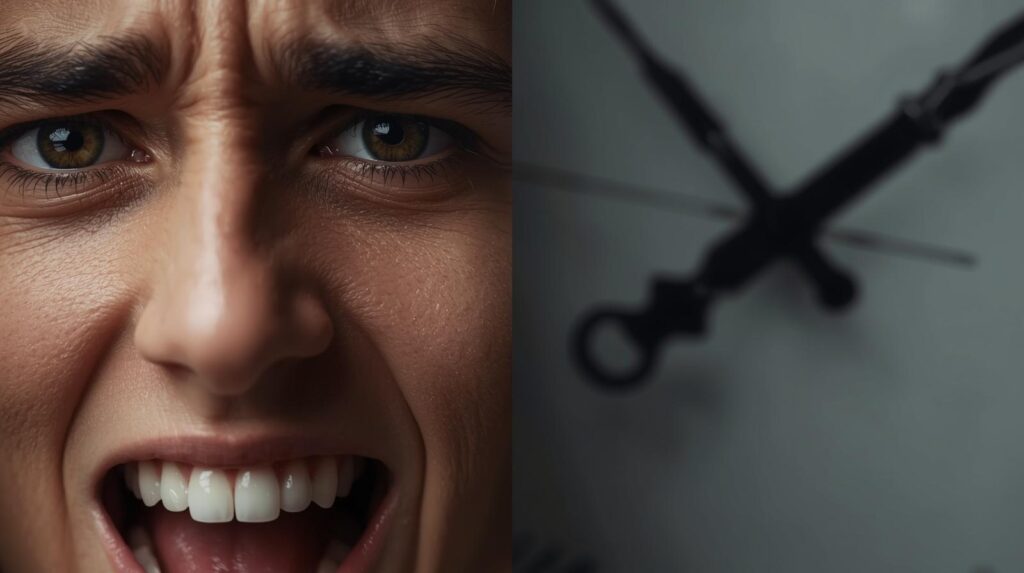 時計（タイミング）と表情のズレを表すようなイメージ