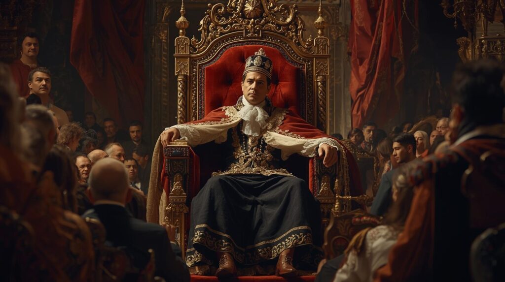 王様の椅子（玉座）にふんぞり返って座り、周りの人を見下している男性。