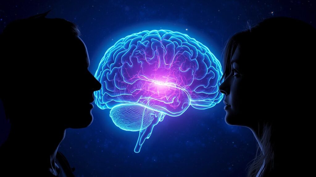 男女の横顔シルエット、脳が光っている科学的なイメージ