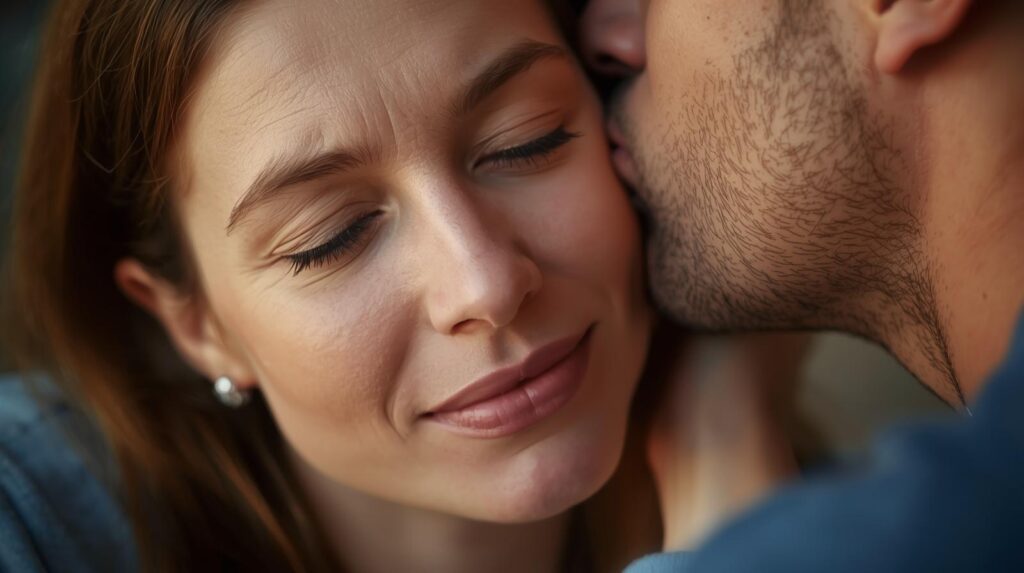 疲れた表情の女性が、パートナーに優しくキスされて、表情が和らいでいる（リラックスしている）様子。