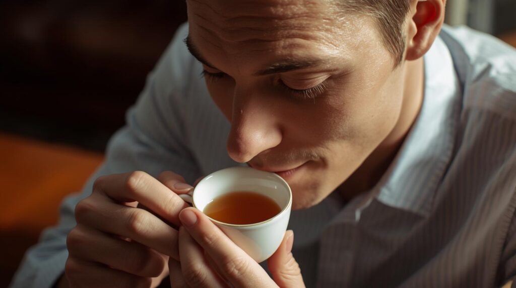 穏やかな笑顔で紅茶を飲んでいる、品の良い男性。