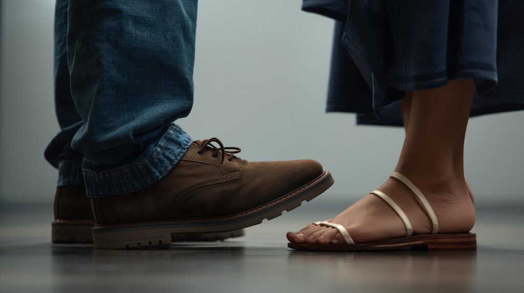 立って話している二人の足元のアップ。男性の靴（つま先）がまっすぐ女性の方を向いている写真。