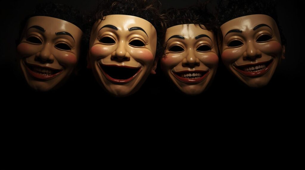 笑顔の仮面を被っているが、その下の影が泣いている、または怒っているようなイラストや写真