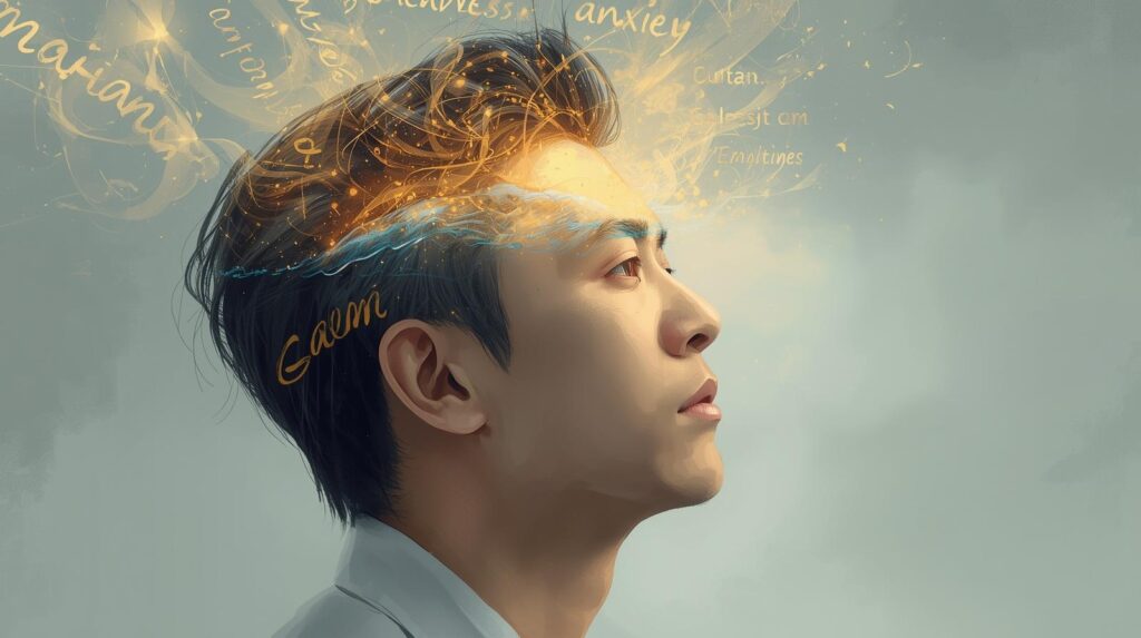 考え事をしている男性の横顔と、その頭の中に渦巻く色々な言葉や感情のイメージ。